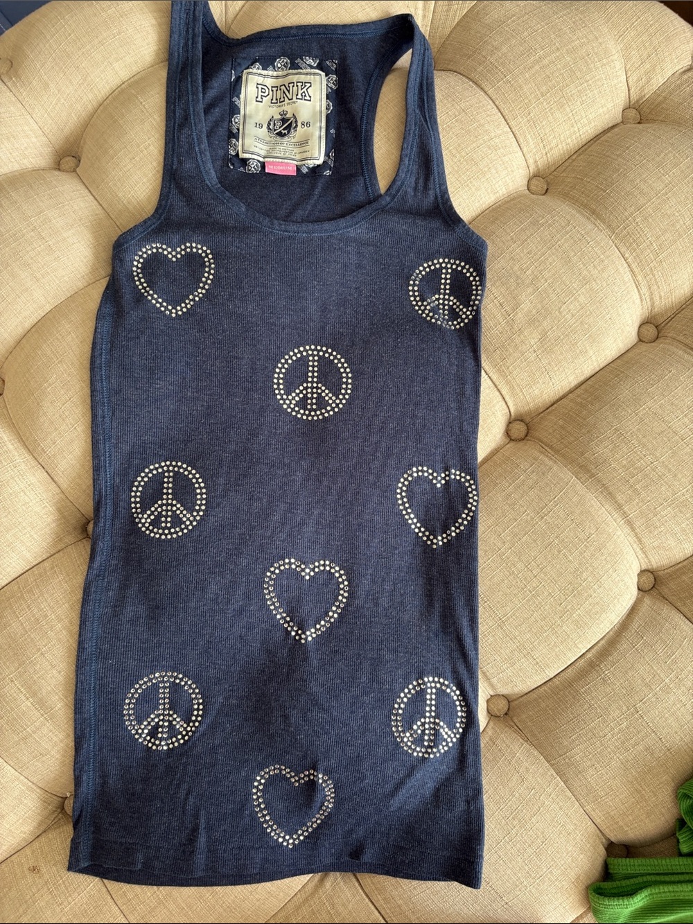 Victoria's Secret PINK Vintage Navy Tank with Studded Peace Signs & Hearts